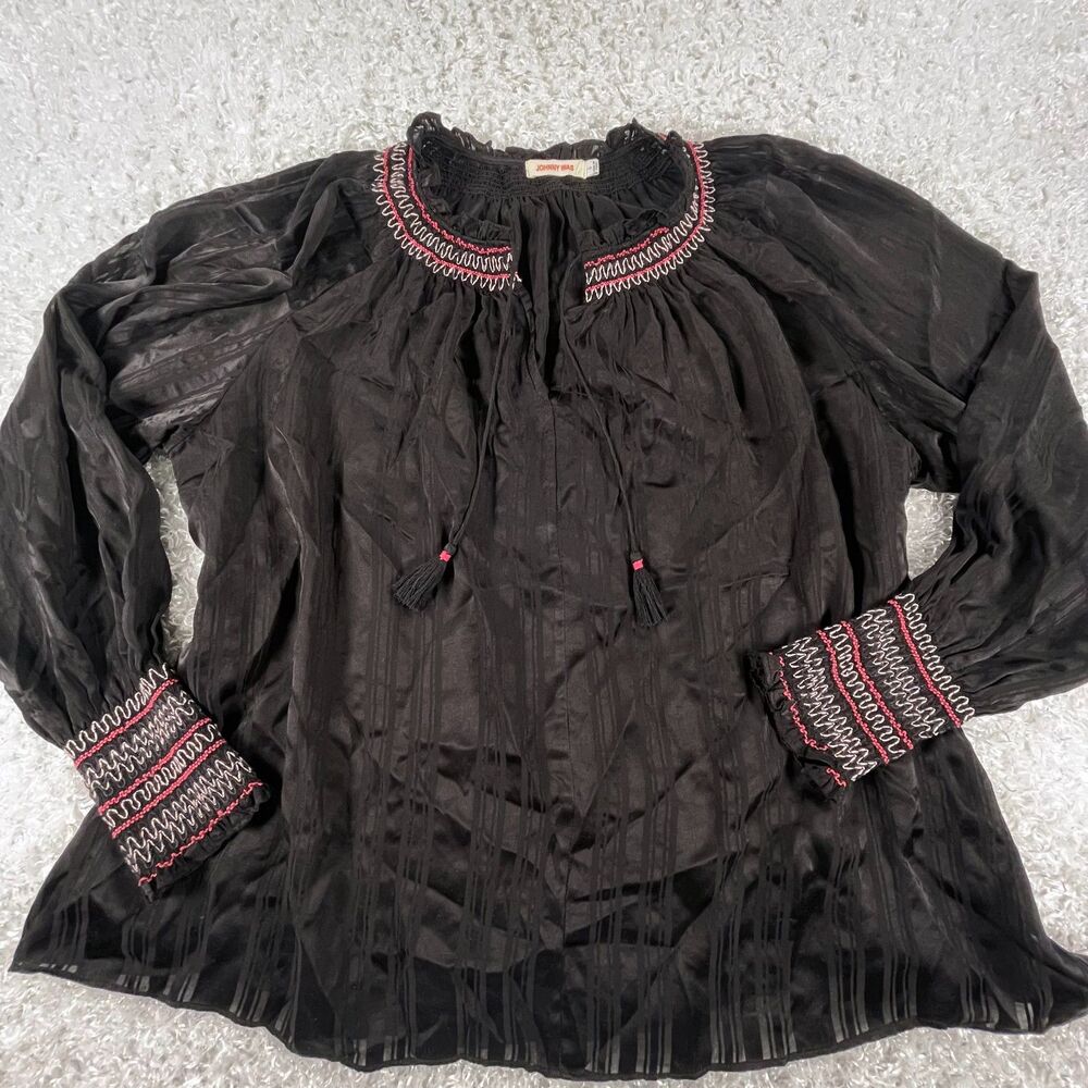 Johnny Was L Silk Zig Zag Embroidered Blouse Black Tassels Boho Peasant Top Luxe - Picture 4 of 14